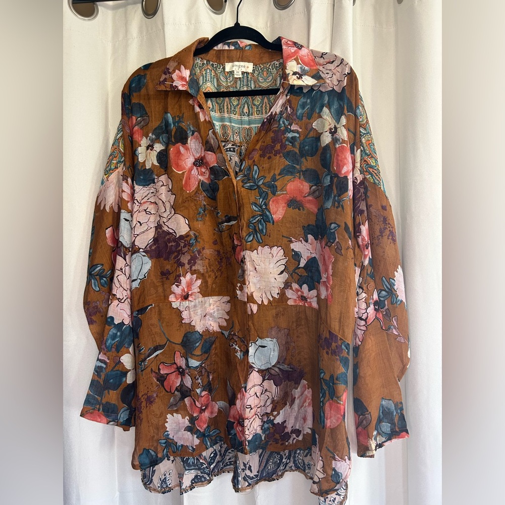 Umgee‎ Dark Floral Fall Orange Paisley Print Button Up Cotton Blend Blouse Top